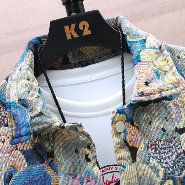Men Teddy Bear 3/4 Sleeve Jacket Fashion Animal Pattern Coat Jacquard Woven Top Outerwear - Image 3