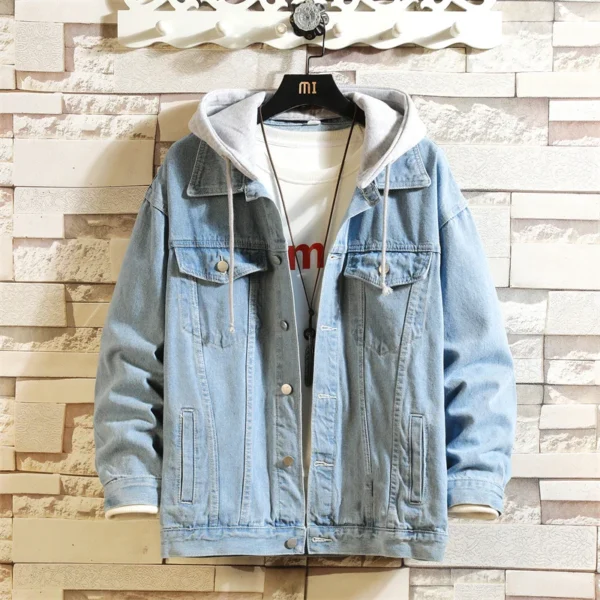 2024 New Men's Denim Jacket Cotton Loose Hooded jean Outwear Coat Solid Denim jacket Men Casual Couple Streetwear Plus Size 5XL - Image 3