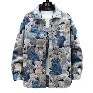Men Teddy Bear 3/4 Sleeve Jacket Fashion Animal Pattern Coat Jacquard Woven Top Outerwear