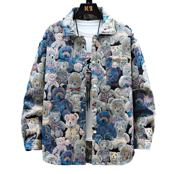 Men Teddy Bear 3/4 Sleeve Jacket Fashion Animal Pattern Coat Jacquard Woven Top Outerwear
